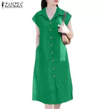 ZANZEA Женское повседневное летнее платье без рукавов с отложным воротником 3XL зелёный