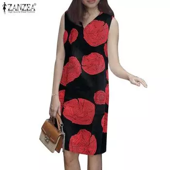 ZANZEA Женское повседневное летнее платье без рукавов с принтом и V-образным вырезом 3XL