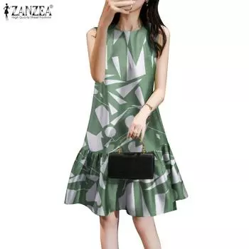 ZANZEA Женское повседневное летнее платье без рукавов с круглым вырезом и принтом 2XL хаки