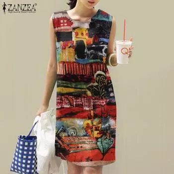ZANZEA Женское повседневное летнее платье без рукавов с принтом и круглым вырезом 5XL синий