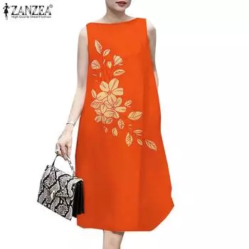 ZANZEA Женское повседневное летнее платье без рукавов с цветочным принтом розовый