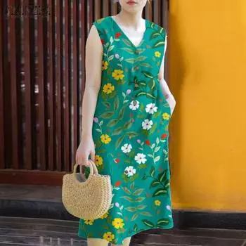 ZANZEA Женское повседневное летнее платье без рукавов с v-образным вырезом и принтом S зелёный