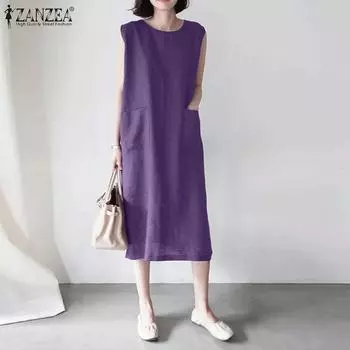 ZANZEA Женское повседневное летнее платье без рукавов с круглым вырезом