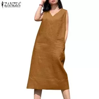 ZANZEA Женское повседневное летнее платье без рукавов с v-образным вырезом