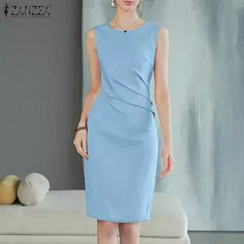 ZANZEA Женское повседневное летнее платье-футляр без рукавов с круглым вырезом 5XL синий