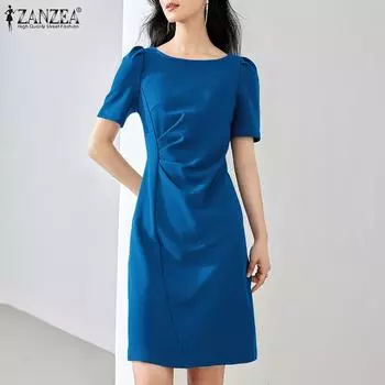ZANZEA Женское повседневное летнее платье-футляр с круглым вырезом и короткими рукавами S чёрный