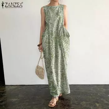 ZANZEA Женское повседневное летнее платье-майка без рукавов с круглым вырезом и принтом S зелёный