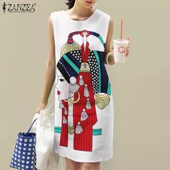 ZANZEA Женское повседневное летнее платье-майка без рукавов с круглым вырезом и принтом S чёрный