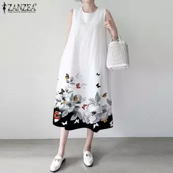 ZANZEA Женское повседневное летнее платье-майка без рукавов с круглым вырезом и принтом 4XL синий