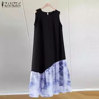 ZANZEA Женское повседневное летнее платье-майка без рукавов в стиле пэчворк 2XL зелёный