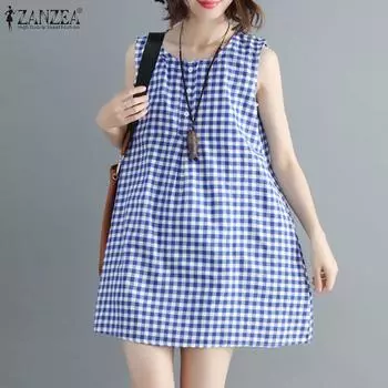 ZANZEA Женское повседневное летнее платье-майка без рукавов с круглым вырезом в клетку и принтом 4XL синий