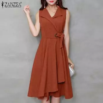 ZANZEA Женское повседневное летнее платье миди без рукавов с v-образным вырезом и тонкой талией