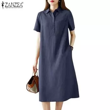 ZANZEA Женское повседневное летнее платье-рубашка с отложным воротником и коротким рукавом S