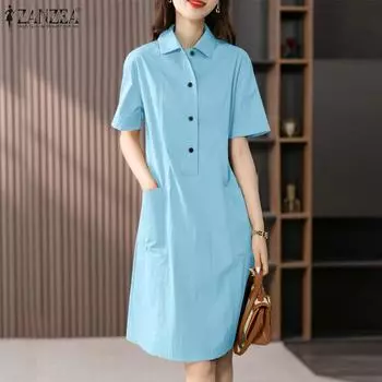 ZANZEA Женское повседневное летнее платье-рубашка с отложным воротником и коротким рукавом 4XL темно-синий