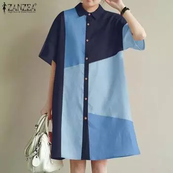 ZANZEA Женское повседневное летнее платье-рубашка с отложным воротником и коротким рукавом S жёлтый