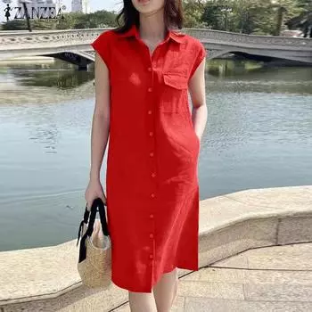 ZANZEA Женское повседневное летнее платье-рубашка с отложным воротником и коротким рукавом S темно-синий