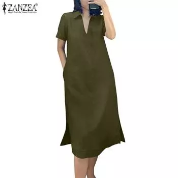 ZANZEA Женское повседневное летнее платье-рубашка с отложным воротником и коротким рукавом S хаки