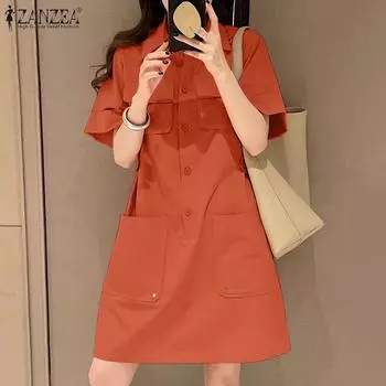 ZANZEA Женское повседневное летнее платье-рубашка с отложным воротником и половиной рукава S чёрный