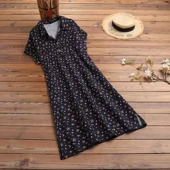 ZANZEA Женское повседневное летнее платье-рубашка с отложным воротником и короткими рукавами с принтом 3XL красный