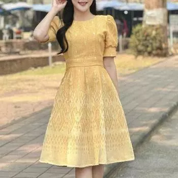 ZANZEA Женское повседневное летнее платье с круглым вырезом и коротким рукавом с принтом S жёлтый