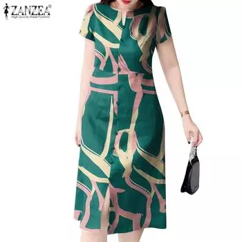 ZANZEA Женское повседневное летнее платье с коротким рукавом и круглым вырезом с принтом S чёрный