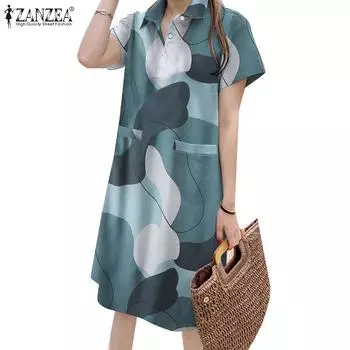 ZANZEA Женское повседневное летнее платье с отложным воротником и короткими рукавами 2XL озеро синий