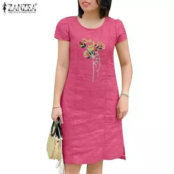 ZANZEA Женское повседневное летнее платье с коротким рукавом и круглым вырезом с цветочной вышивкой S жёлтый