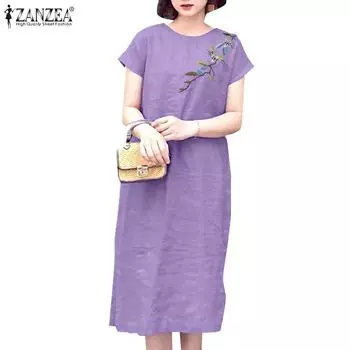 ZANZEA Женское повседневное летнее платье с короткими рукавами и круглым вырезом S фиолетовый
