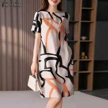 ZANZEA Женское повседневное летнее платье с короткими рукавами и круглым вырезом с принтом XL зелёный