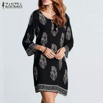 ZANZEA Женское повседневное летнее платье с v-образным вырезом и рукавами 3/4 и принтом, пляжное S тёмно-синий