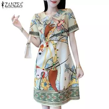 ZANZEA Женское повседневное летнее платье с короткими рукавами и круглым вырезом с принтом M зелёный