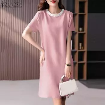 ZANZEA Женское повседневное летнее платье с коротким рукавом и круглым вырезом 5XL розовый