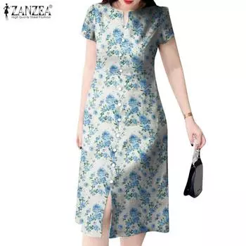 ZANZEA Женское повседневное летнее платье с короткими рукавами и круглым вырезом с цветочным принтом S розовый