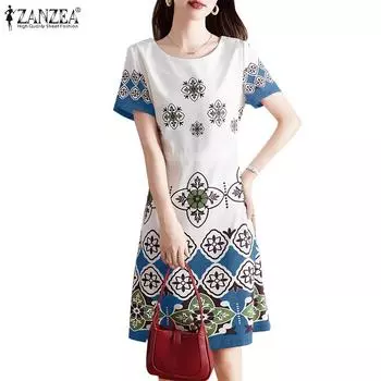 ZANZEA Женское повседневное летнее платье с круглым вырезом и коротким рукавом с принтом