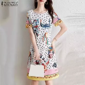 ZANZEA Женское повседневное летнее платье с круглым вырезом и коротким рукавом с принтом 4XL белый