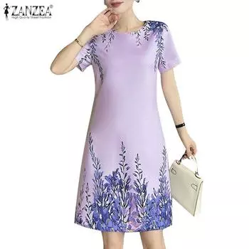 ZANZEA Женское повседневное летнее платье с короткими рукавами и круглым вырезом с принтом S