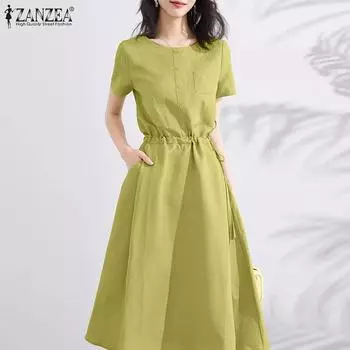 ZANZEA Женское повседневное летнее платье с коротким рукавом и круглым вырезом 4XL темно-синий