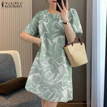 ZANZEA Женское повседневное летнее платье с короткими рукавами и круглым вырезом с принтом S бежевый