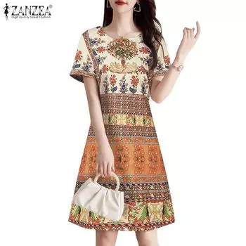 ZANZEA Женское повседневное летнее платье с v-образным вырезом и коротким рукавом с принтом 2XL темно-синий