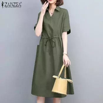 ZANZEA Женское повседневное летнее платье с отложным воротником и короткими рукавами на шнуровке