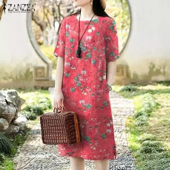 ZANZEA Женское повседневное летнее платье с коротким рукавом и круглым вырезом с принтом S жёлтый