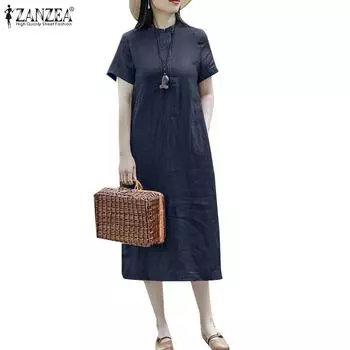 ZANZEA Женское повседневное летнее платье с воротником-стойкой и короткими рукавами
