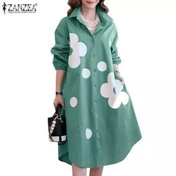 ZANZEA Женское повседневное летнее платье с отложным воротником и цветочным принтом S чёрный