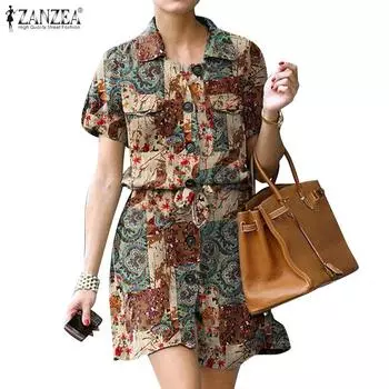 ZANZEA Женское повседневное летнее платье с коротким рукавом и отложным воротником с принтом 5XL красный
