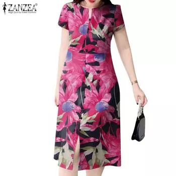 ZANZEA Женское повседневное летнее платье с короткими рукавами и цветочным принтом M синий