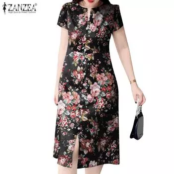 ZANZEA Женское повседневное летнее платье с короткими рукавами и цветочным принтом S чёрный