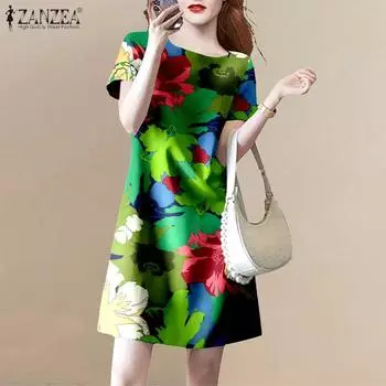 ZANZEA Женское повседневное летнее платье с короткими рукавами и круглым вырезом с принтом S зелёный