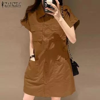 ZANZEA Женское повседневное летнее платье с коротким рукавом и отложным воротником S чёрный