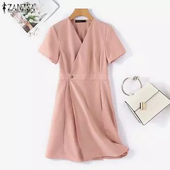 ZANZEA Женское повседневное летнее платье с v-образным вырезом и короткими рукавами