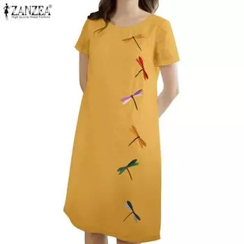 ZANZEA Женское повседневное летнее платье с круглым вырезом и коротким рукавом с принтом 2XL белый